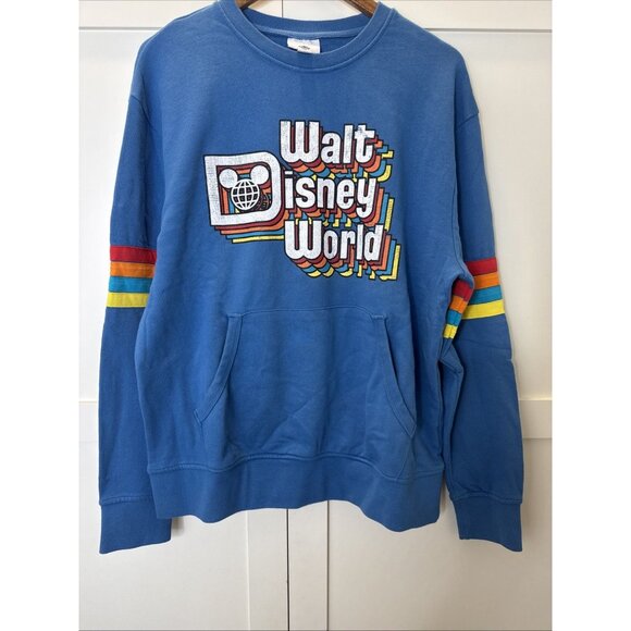 Walt Disney World Retro Blue Crewneck Rainbow Sweatshirt front pockets SIZE Med - Picture 9 of 14